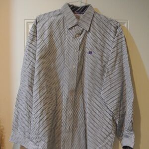 MENS LARGE CINCH BLACK AND WHITE DOT LONG SLEEVE BUTTON DOWN SHIRT